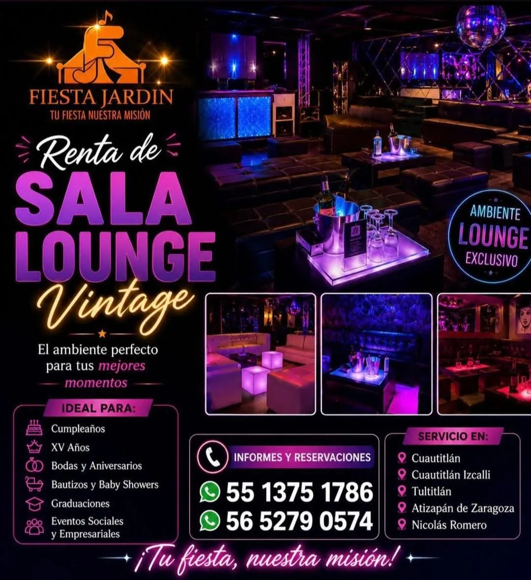 Referencia promocional de sala lounge con sillones oscuros e iluminación morada.