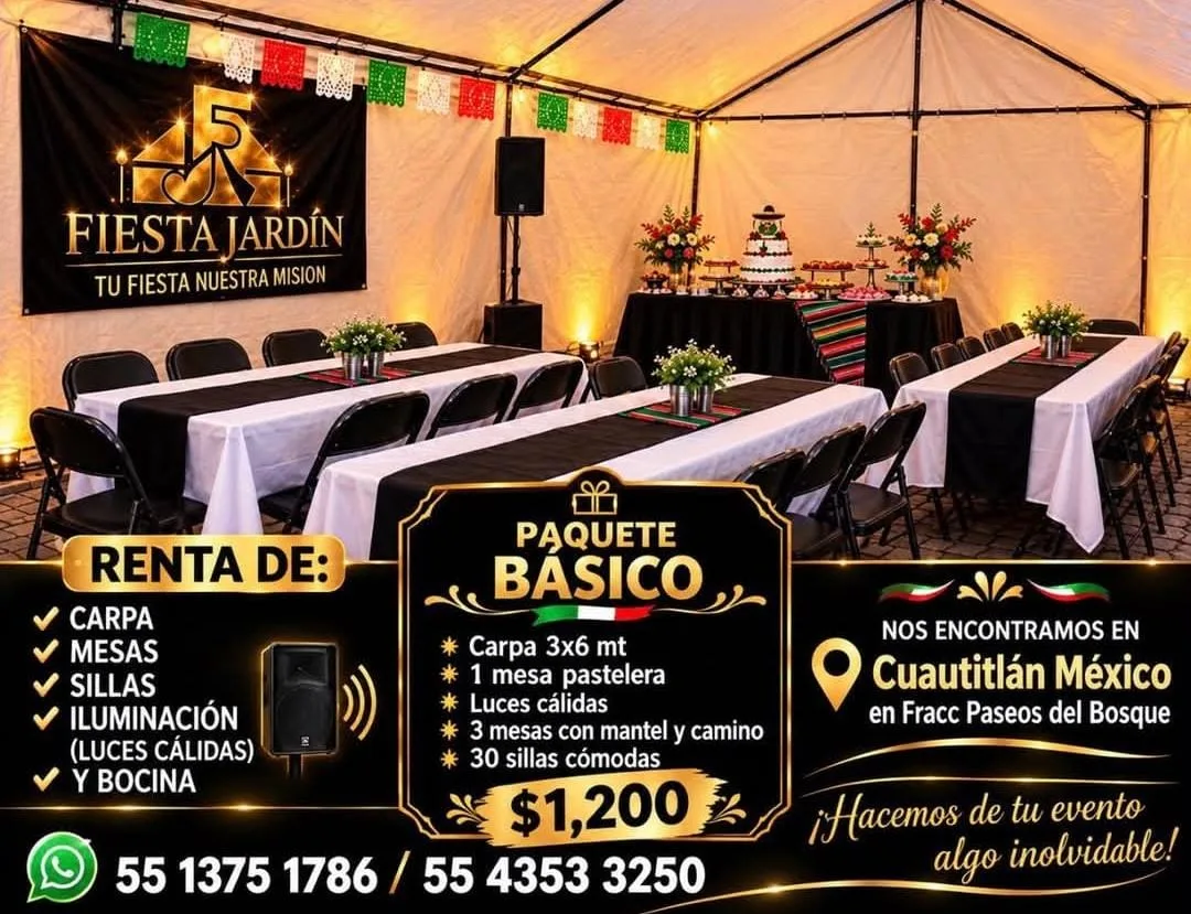 Referencia visual de mesas y sillas bajo una carpa con iluminación cálida.