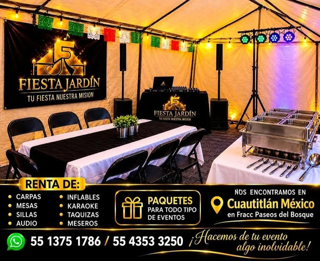 Referencia de carpa con mesas, sillas, iluminación y equipo de audio, tomada del material promocional.