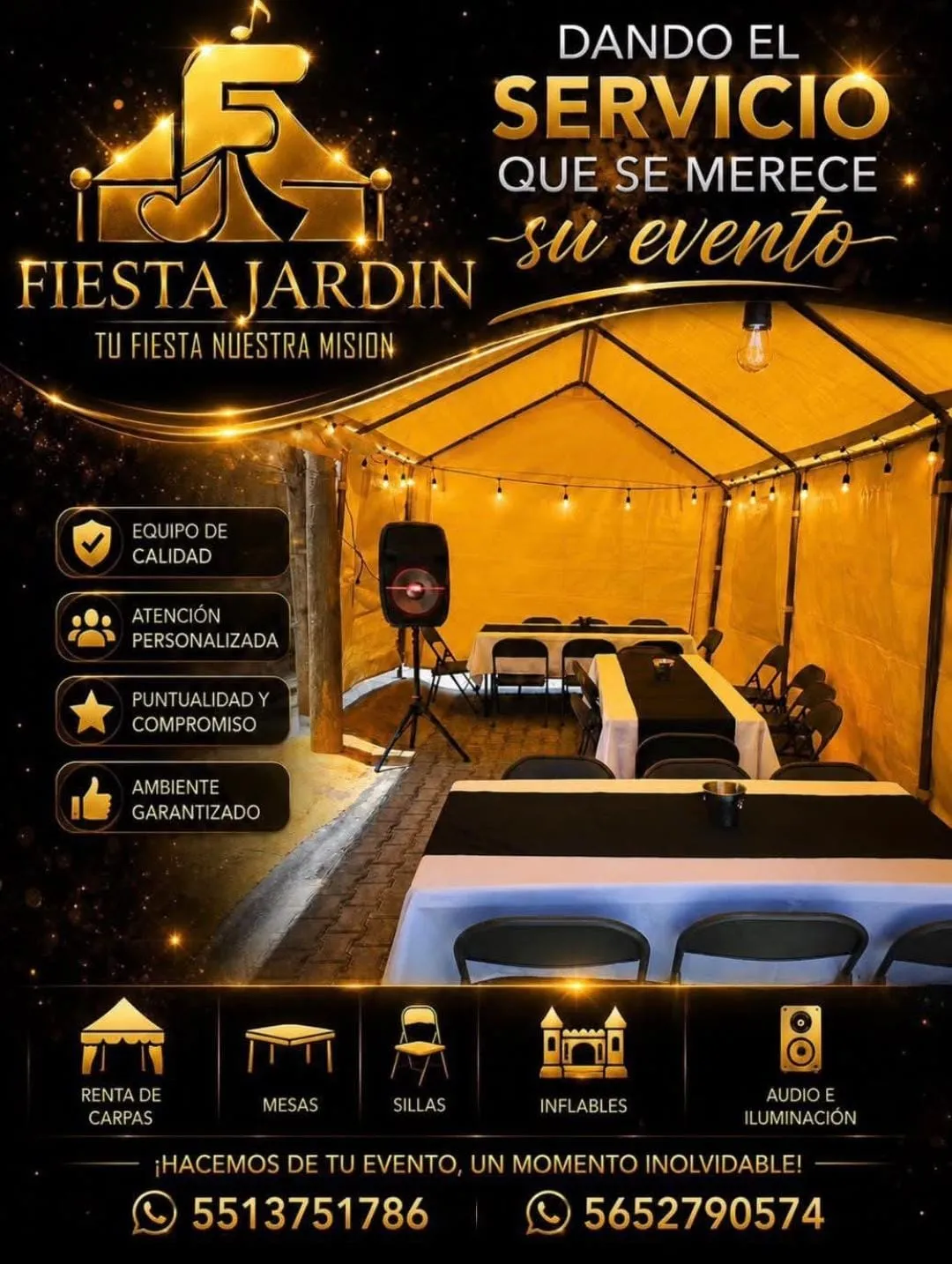 Referencia promocional de una carpa con iluminación cálida y mobiliario.
